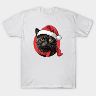 Black Cat in a Santa Hat T-Shirt